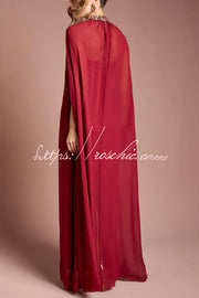 Chiffon Sequin Trim High Neck Batwing Maxi Dress