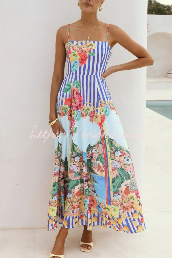 Robe longue imprimée à bretelles fines et col carré