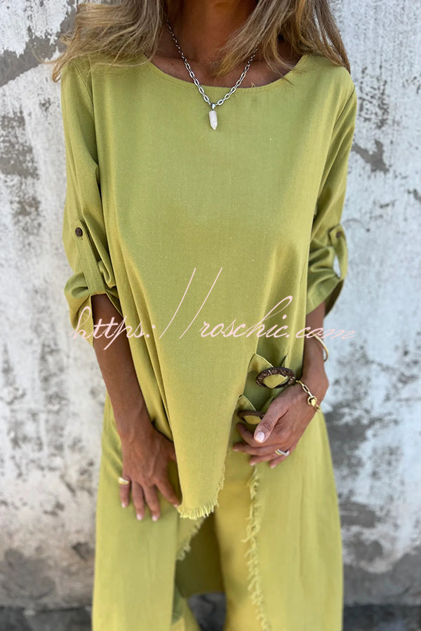 Linen Blend Midi Blouse and Wide-Leg Pants Set