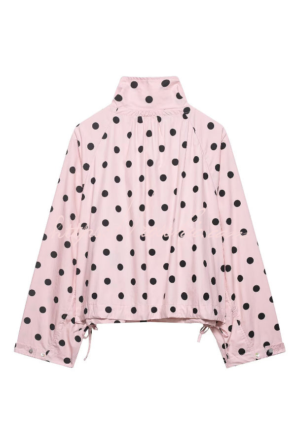 Polka Dot Loose Jacket with Stand Collar & Bow Tie Detail