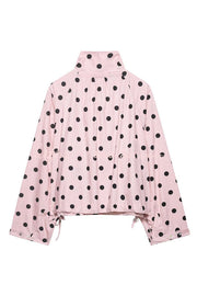 Polka Dot Loose Jacket with Stand Collar & Bow Tie Detail