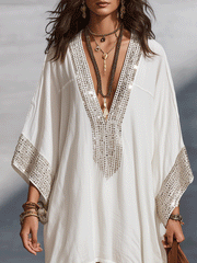 Ivory Boho Kaftan Midi Dress with V-Neck & Wide Sleeves