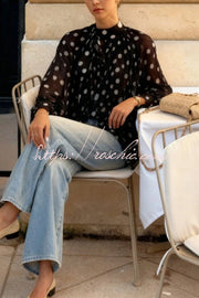 Polka Dot Lantern Sleeve Tie-Waist Loose Shirt