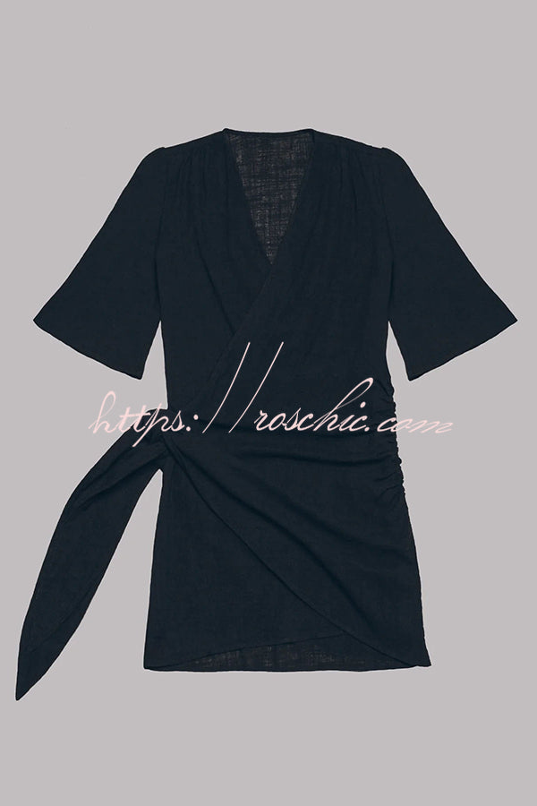 Cotton Linen Blend Knotted Wrap Mini Dress