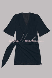 Cotton Linen Blend Knotted Wrap Mini Dress