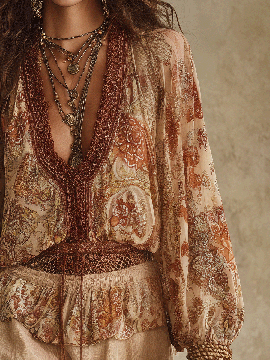 Chiffon Bohemian Two-Piece Shirt and Shorts Set in Beige