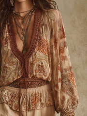 Chiffon Bohemian Two-Piece Shirt and Shorts Set in Beige