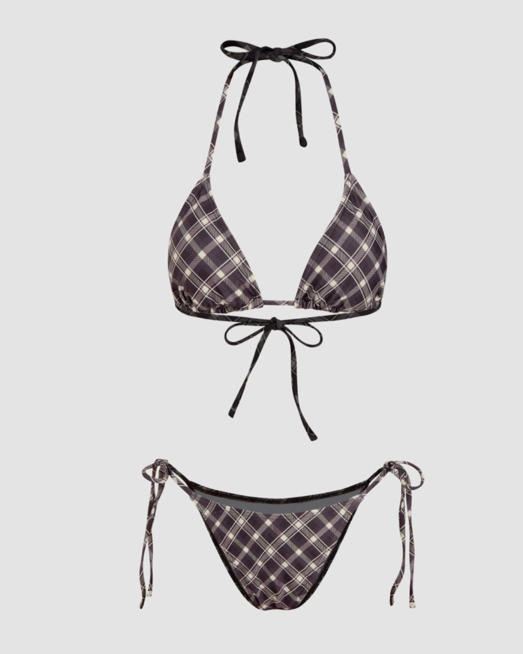Halter Neckline Check Knotted Triangle Tieside Bikini Set with Coverup Shorts & Headscarf