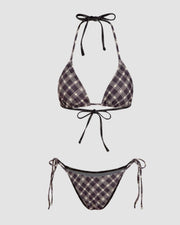 Halter Neckline Check Knotted Triangle Tieside Bikini Set with Coverup Shorts & Headscarf
