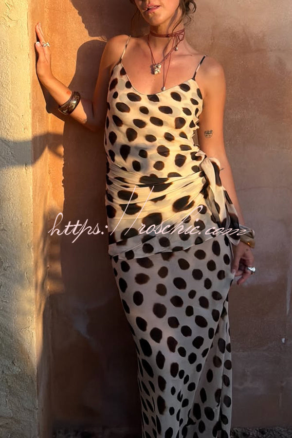 Leopard Polka Dot Chiffon Slip Maxi Dress with Detachable Scarf