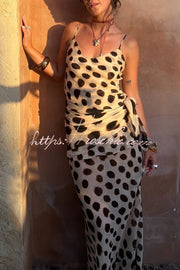 Leopard Polka Dot Chiffon Slip Maxi Dress with Detachable Scarf