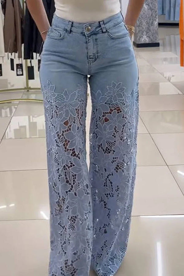 Lace Stitch Denim Wide-Leg Pants with Pockets