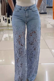 Lace Stitch Denim Wide-Leg Pants with Pockets