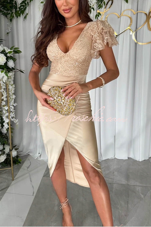 Lace & Satin Patchwork Ruffle Sleeve Ruched Midi Dress