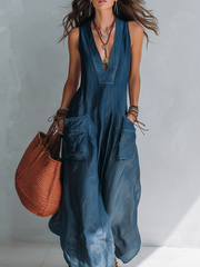 Bohemian Wide-Leg Sleeveless Jumpsuit With Pockets