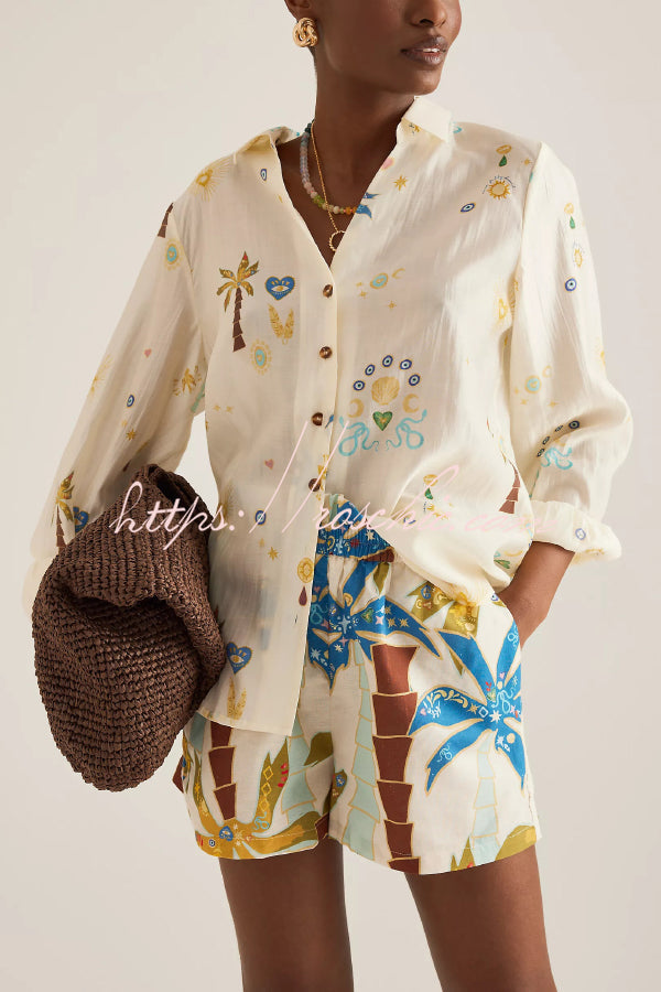 Linen Blend Printed Shirt & Elastic Waist Shorts Set