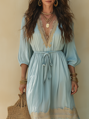 Light Blue Cotton-Linen Tie Strap Maxi Dress