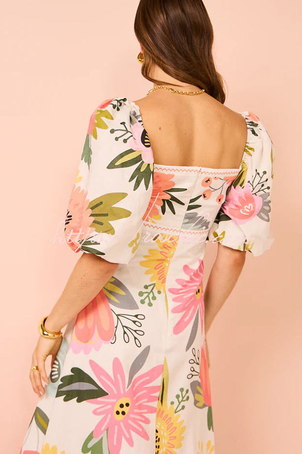 Floral Print Square Neck Bubble Sleeve Maxi Dress
