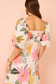 Floral Print Square Neck Bubble Sleeve Maxi Dress