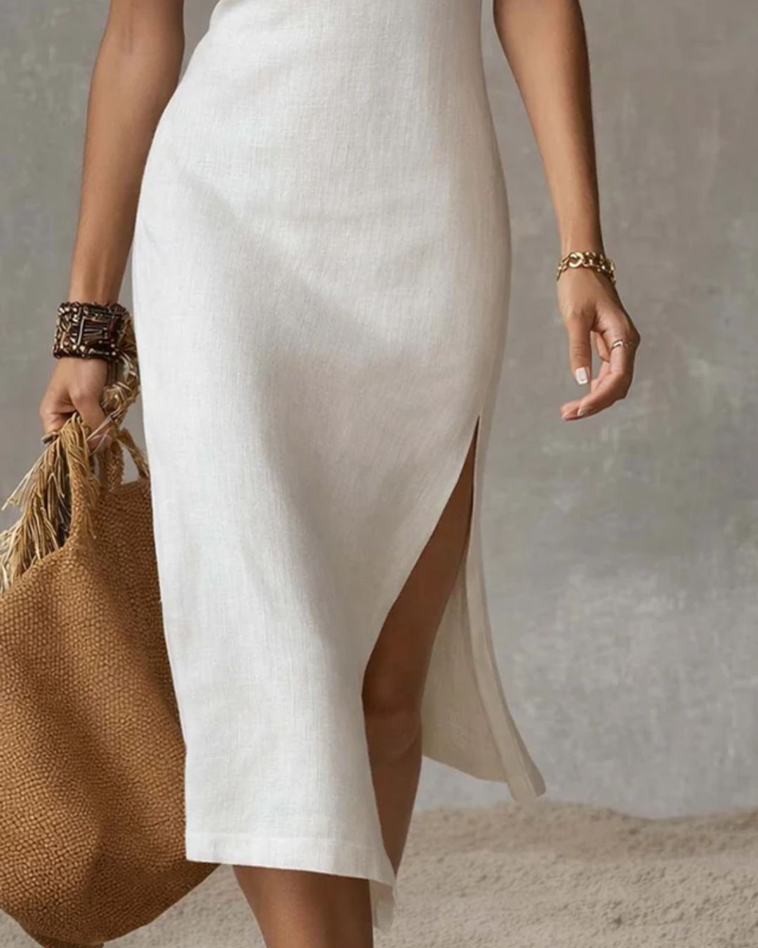 Cotton Linen Midi Dress with Stand Collar and Split Hem