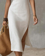 Cotton Linen Midi Dress with Stand Collar and Split Hem