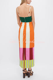 Linen Blend Color Block Slip Maxi Dress for Vacation