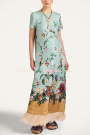 Satin Floral Print Maxi Dress with Feather Trim & Pocket