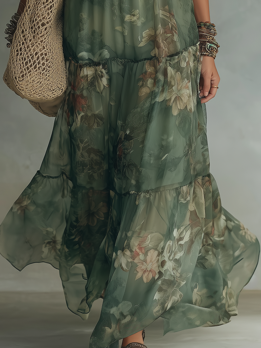 Olive Floral Sleeveless Maxi Dress – Flowing Boho Style