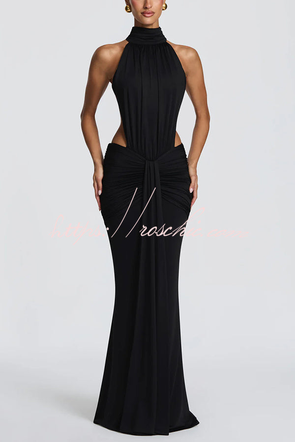 Stretch Slinky Jersey High Neck Ruched Backless Maxi Dress