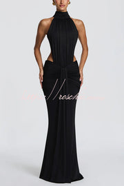 Stretch Slinky Jersey High Neck Ruched Backless Maxi Dress