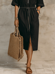 Black Short Sleeve Midi Dress with Vintage-Inspired Details