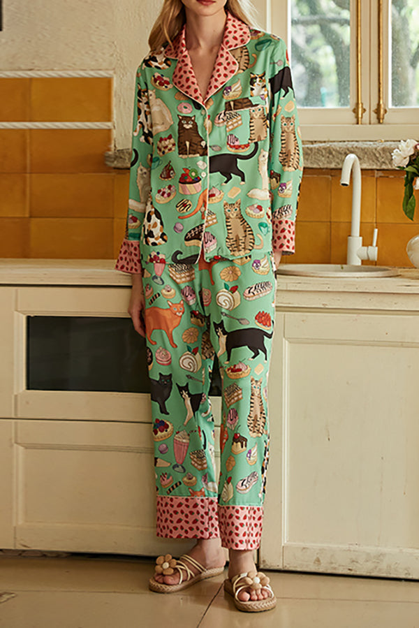 Coffee Cat Print Long Sleeve Two-Piece Lounge Set