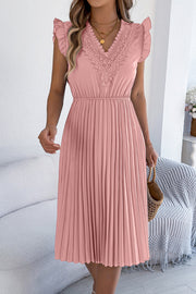 Lace-Trim V-Neck Sleeveless Pleated Midi Dress