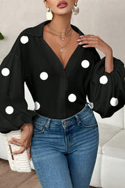 Polka Dot Puff Sleeve Collared Loose Blouse