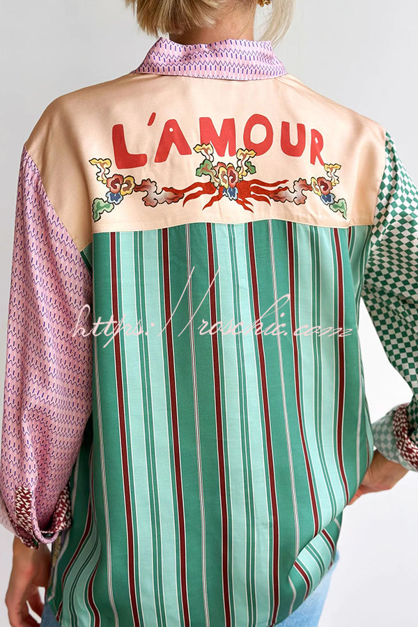Dragon Print Patchwork Loose Shirt with Chest Pocket