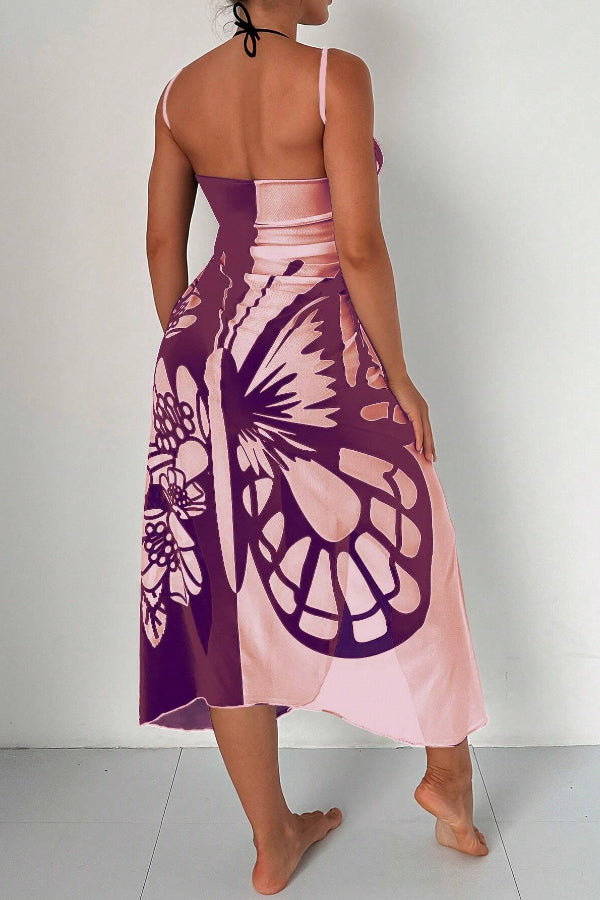 Butterfly Print Color-Block Midi Dress – Resort Cover-Up