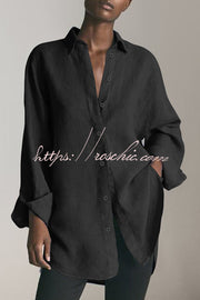 Blouse ample à manches longues en mélange de lin | Boutonnage décontracté
