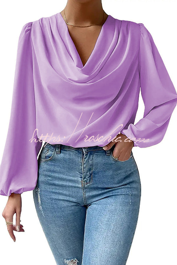 Satin Cowl Drape Neck Blouse – Long Sleeve Loose Fit Top