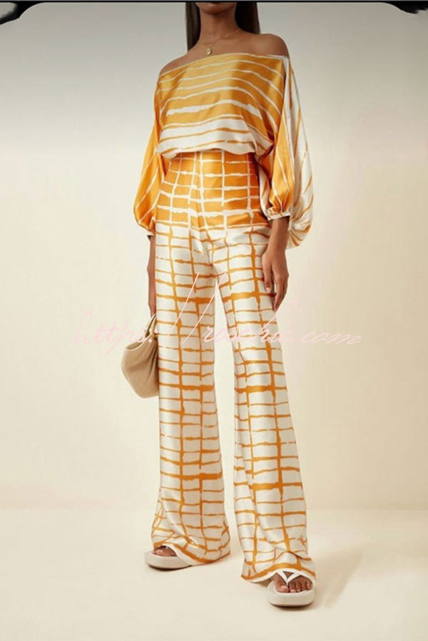 Satin Off Shoulder Dolman Sleeve Top & Wide Leg Pants Set