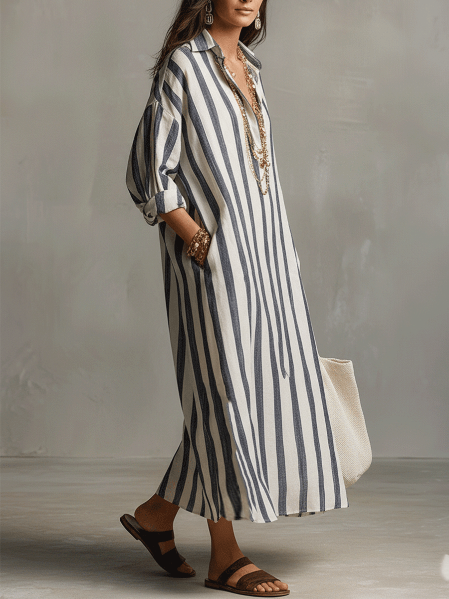 Striped Bohemian Maxi Dress with Button-Down Shirt Front