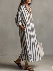 Striped Bohemian Maxi Dress with Button-Down Shirt Front