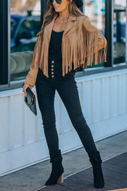 Cropped Faux Suede Jacket with Fringe Detail