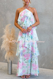 Chiffon Floral Print Halter Maxi Dress with Tiered Ruffles