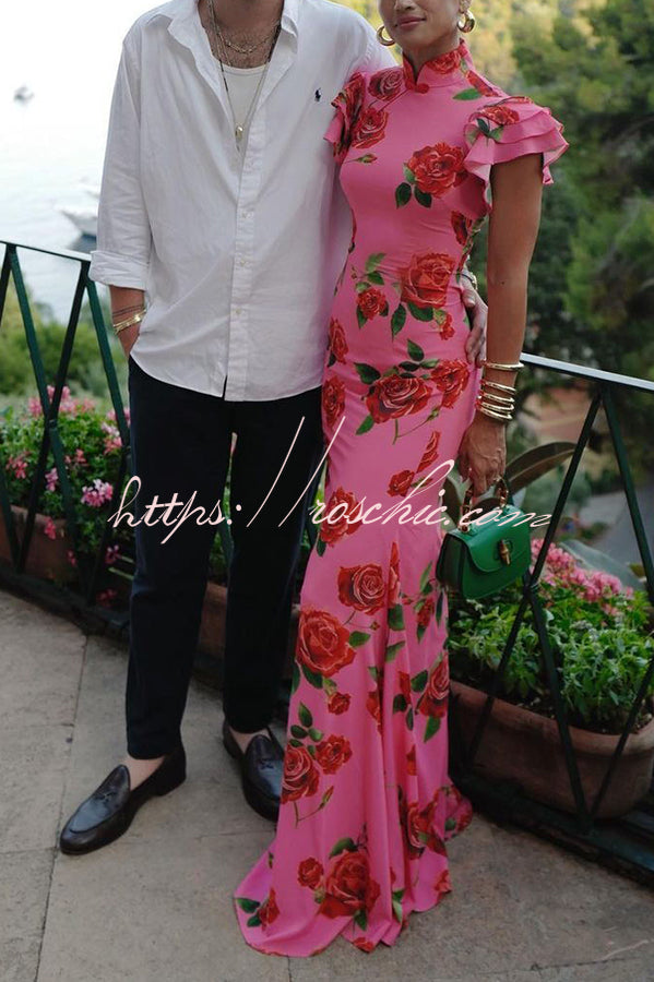 Rose Floral Print Cheongsam Maxi Dress with Tiered Sleeves