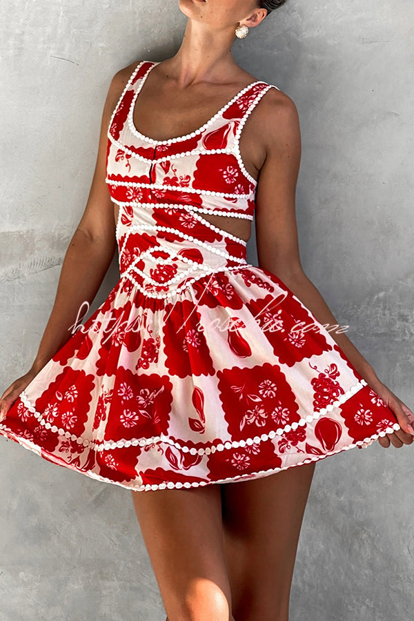 Holiday Print Ric Rac Trim Cutout Mini Dress