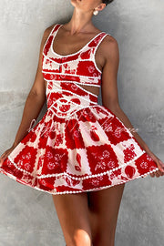Holiday Print Ric Rac Trim Cutout Mini Dress