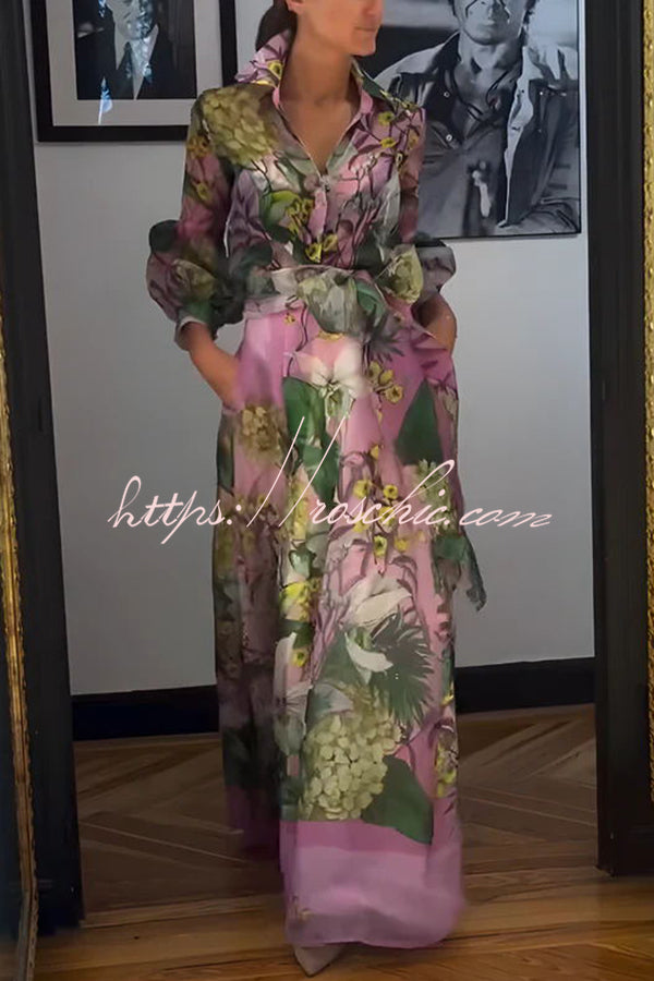 Tulle Floral Print Maxi Skirt with Elastic Waist and Pockets