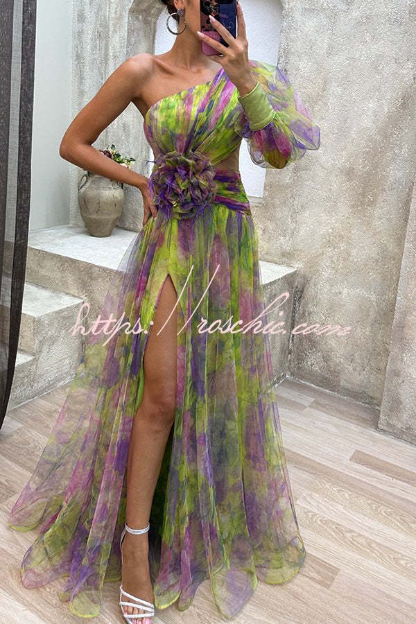 Tulle One-Shoulder Floral Pleated Slit Maxi Dress