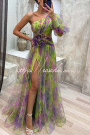 Tulle One-Shoulder Floral Pleated Slit Maxi Dress