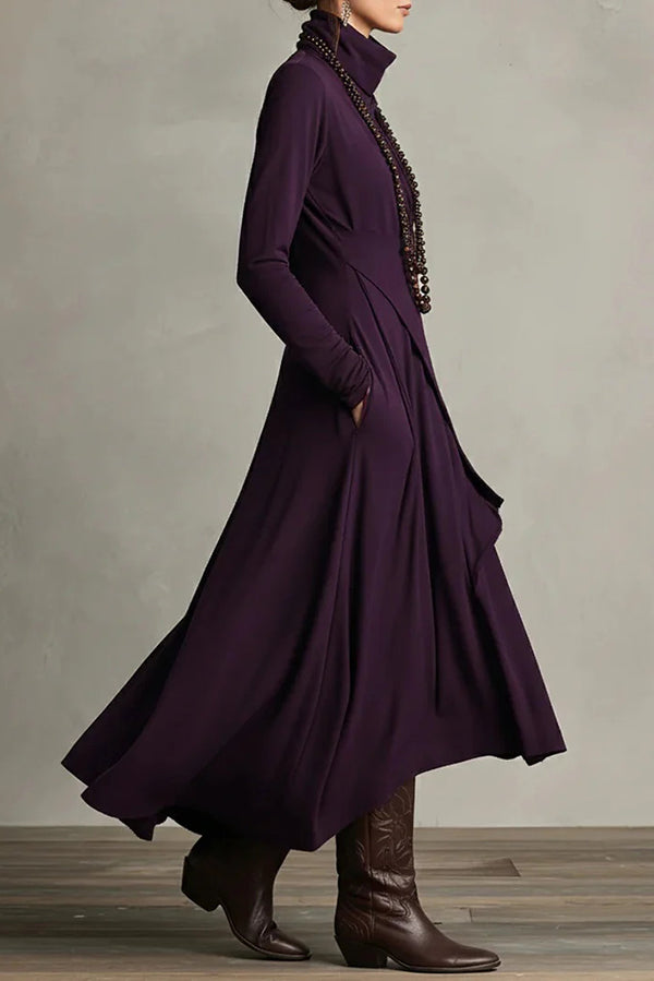 High Neck Long Sleeve Solid Maxi Dress – Irregular Hem